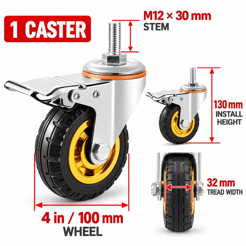 4 Inch Rubber Swivel Caster with Brake, M12 x 30