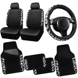 CAR PASS Leather Cow Bling Diamond Car Seat Covers Front & Rhinestone Carpet Car Floor Mats & Sparkly Steering Wheel Cover 15' Interior Sets Universal Fit for 95% Auto SUV Sedan Cute Girl Women（Cow）