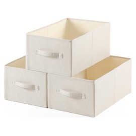 Linen Folding Storage Bins, 3 Pack Large Storage Baskets, Washable, Clothing Storage Bins with Handle, Closet Organizer for Storage Sweater,Sheets(Beige, 18½"x11" x8½")