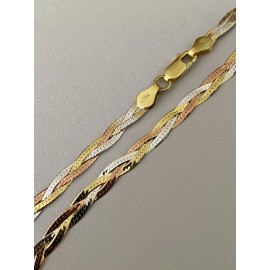 Handmade 925 Silver Tri-Color Yellow Rose Gold Plated Twisted Braided Herringbone Chain - 24"