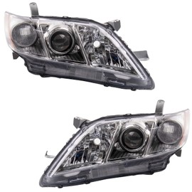 TRQ TRQ 2 Piece Headlight Assembly Set Halogen Chrome Bezel Driver & Passenger Side Compatible with Toyota Camry 2007-2009 TO2518105 TO2519105