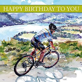 Cyclist Happy Birthday Card with Stunning Watercolour Image and Gold Foil Detailing