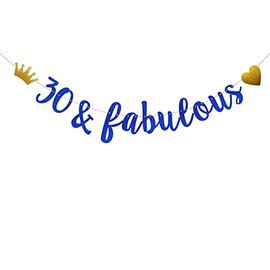 30 & Fabulous Banner,Pre-Strung,No Assembly Required,Funny Blue Paper Glitter Party Decorations for 30th Birthday Party Supplies, Letters Blue,ABCpartyland