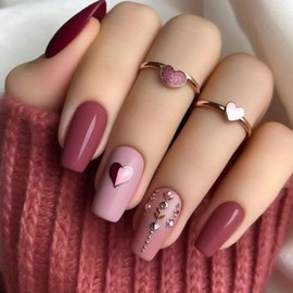 Press on Nails Medium Coffin Fake Nails with Heart Rhinestones Designs Red Nails Press ons Glossy Glue on Nails False Nails Pink Stick on Nails for Women 24Pcs