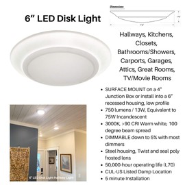 Agilux LED Disk Light 6 inch Surface Mount or Junction Box Mount Low Profile Flush Mount Ceiling Light 3000k Warm White 750 Lumens, Dimmable, Shower Closet Light 1PK