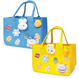 2PCS Easter Egg Hunt Bags Happy Easter Bunny Gift Bags with Handles, Easter Treat Bags, Felt Easter Bags for Gifts Wrapping, Egg Hunt Game, Easter Party Supplies, 12" x7.8" x6.8"(Yellow + Blue)