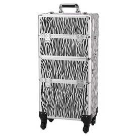 3 in 1 Rolling Makeup Train Case,Professional Cosmetic Trolley Large Storage with Keys Swivel Wheels,Makeup Travel Case,Salon Barber Case Traveling Cart Trunk for Make Up Hairstylists (White Zebra)