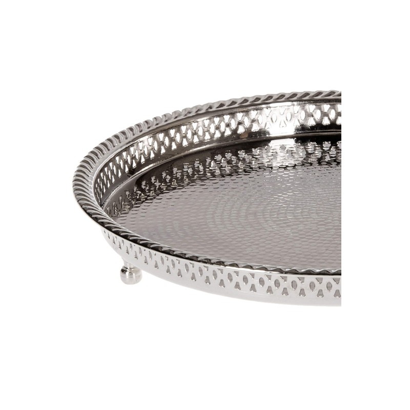 Oriental Round Brass Tray Silver-Plated Mahra, Moroccan Tea Tray in