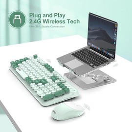 SUPSOO Wireless Retro Typewriter Keyboard Mouse Combo Round Keypads 2.4G Cute Full-Size Home Office Computer Laptop queit design accessories gaming plug - Color: Green