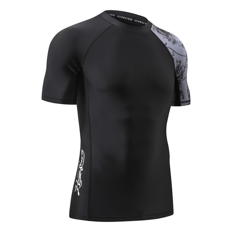 HUGE SPORTS Men's Splice Sun Protection Rash Guard Short Sleeves(Piracy,S)