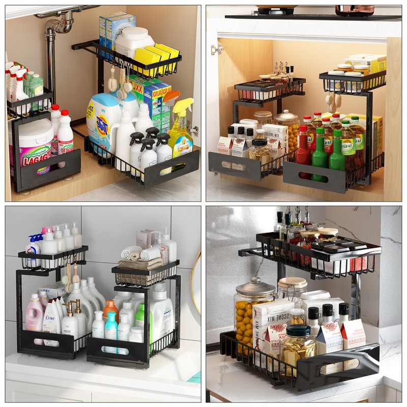 ADBIU Under Sink Organizer(10 Seconds Installation), 2 Packs 2 Tier