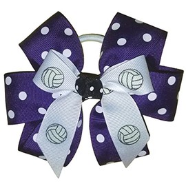 Volleyball Polka Dot Hair Bow with six loops, white pony band, Made in the USA (Purple), many colors