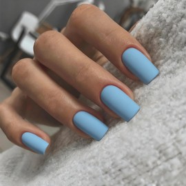 Light Blue Nails Press ons, Press on Nails Medium Square Glue on Nails Short Acrylic Glue on Medium Coffin Nail Gel Fake Nail False for Women, Thick Solid Color 24Pcs