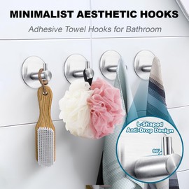 Aenfaiy Towel Hooks for Bathroom (4 Pack) Adhesive Towel Hook Shower Hooks for Inside Shower - Sticky Bathroom Wall Hooks for Hanging Towels, Robe, Loofah, Bath Sponge - Brushed Nickel Towel Hooks