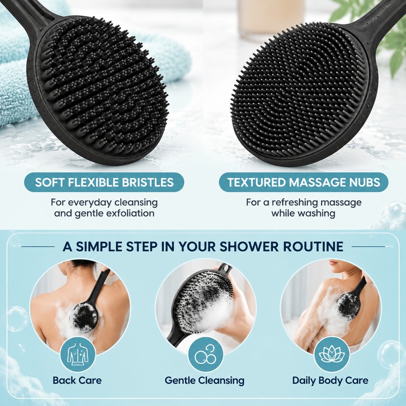 Silicone Back Scrubber Brush for Shower – Long Handle Double-Sided