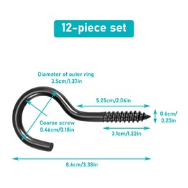 Pack of 12 Screw Hooks Black 8.5 x 3.5 cm Hooks for Screwing Metal for Hanging Screw Hooks with Thread Heavy Hook Screw Large for Hanging Tea Cups Keys Christmas Decoration