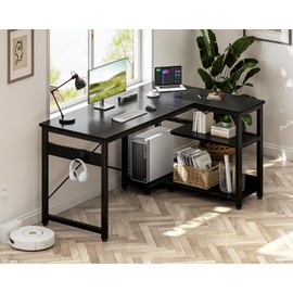 Casaottima L Shaped Computer Desk, 48 Inch Small Corner Desk with Storage Shelves & PC Stand, Reversible Gaming Desk for Bedroom, Modern Writing Study Table for Home Office, Black