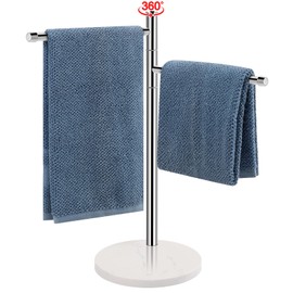 BathAce Hand Towel Holder, F-Shape Hand Towel Stand with Marble Base, Stainless Steel Swivel Stand Hand Towel Rack Free-Standing Towel Bar for Bathroom Kitchen Countertop, 2 Arms (Chrome Finish)