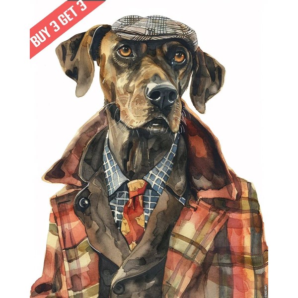 Plott Hound in a Detective Outfit Dog Watercolor Painting Print