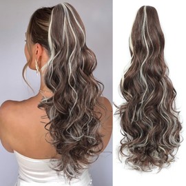 24" Ponytail Extension, Long Curly Wavy Claw Clip and Natural-Looking Synthetic Hairpiece, Voluminous Hair Extensions for Women Daily Wear. (Chestnut Brown With beige blonde Highlights, 24Inch)