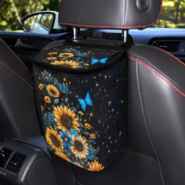 Annejudy Blue Butterfly Sunflower Print Car Trash Can - Foldable, Automotive Garbage Bin with Leak Proof Hanging Bag