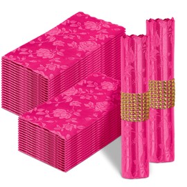 Homiest 24 Pack Jacquard Satin Napkins - 17x17 Inches Damask Dinner Napkins with Scalloped Square Shape, Smooth Table Cloth for Restaurant Party (Flower, Hot Pink)