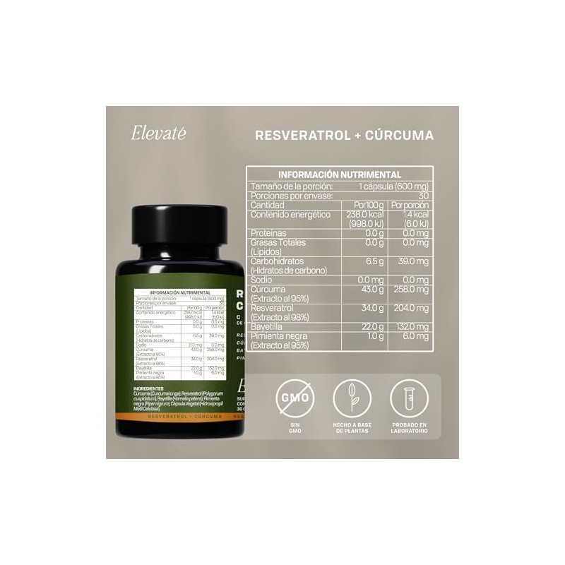 Resveratrol Cúrcuma Cápsulas 600 Suplemento Bienestar Vitalidad Días Uso