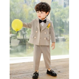 LOLANTA Little Boys Suit 3PCs Tuxedo Jacket Blazer Suit Formal Wedding Birthday Dress Outfits (Khaki 3-4T)
