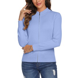 Aottori Knitted Cardigans for Women Long Sleeve Zip Up Open Front Cardigan Sweater Ladies Zipped Knitwear Casual Basic Outwear Sky Blue S