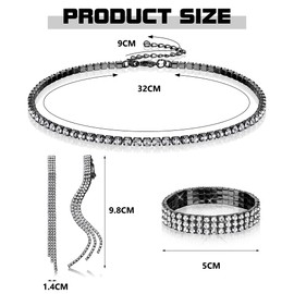 Drperfect 4 Pieces Women Rhinestone Jewelry Set Bling Glitter Choker Necklace Silver Accessories Stretch Bracelet Dangling Earring for Wedding Bridal Party