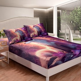 Lovely Fox Fitted Sheet Queen Size for Bedroom Decor Glitter Purple Floral Bedding Set Girls Boys Adults Cute Wild Animal Bed Cover Mysterious Jungle Style Bed Sheet,2 Pillowcases