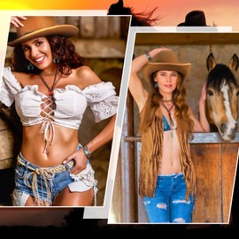 Vabean 5 Pcs Western Cowgirl 70s Hippie Costume Set Include Vest Hats Turquoise Dangle Earrings Pendant Choker Bracelets (Khaki,XX-Large)
