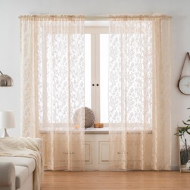 Beige Lace Curtains 63 Inch Length 2 Panels set Vintage Victorian Floral Curtains for Living Room Bedroom Rod Pocket Light Filtering Curtain French Lace Window Drapes Fall Neutral Decor, 52x63