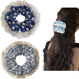 2 Pcs Lace Blue scrunchies for hair Denim Large Hair bands for Women girls Elegant lace floral stripe hair ties ponytail thin curly hairs (Medium Lace Flower)