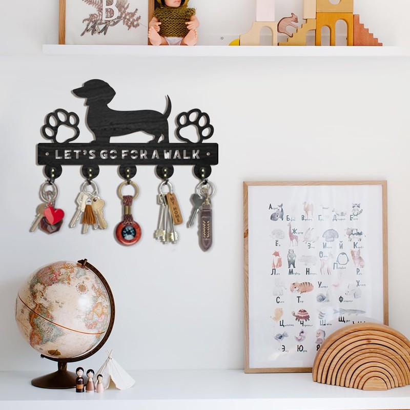 ORIGACH Dachshund Dog Wooden Key Holder for Wall Black Wood