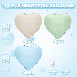 Blue Green White Heart Balloons,12Pcs 18Inch Cream White Baby Blue Sage Green Heart Shaped Foil Helium Balloons for Baby Shower Birthday Anniversary Wedding Engagement Party Decorations