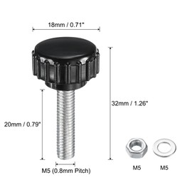 sourcing map 8 Sets Knurled Knobs Thumb Screws with Nuts Washers, Metric M5 x 20mm Male Thread 18mm Plastic Head, Zinc Plated Carbon Steel Stud Hand Knobs Clamping Thumbscrews Handles, Black