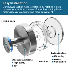 AbluFirst Suction Cup Hooks for Shower, 2 PCS No-Drill Towel Holder for Bathrooms Wall, Glass Door, Mirror, Tiles, Kitchen, Hold Robe & Wreath, Hanging up to 15 lbs C Waterproof & Rustproof, Loofah-Silver