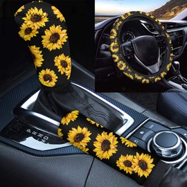 TOADDMOS 3-Piece Decorative Sunflower Car Accessory Set Soft Steering Wheel Covers Handbrake Cover Gear Shift Cover Non-Slip Universal Car Decoration