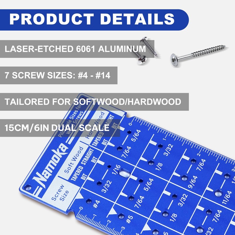 NAMOKA Screw Size Chart & Drill Bit Gauge - Laser-Etched