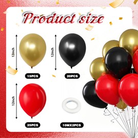 Red Black and Gold Balloons, 60pcs 12 Inch Metallic Chrome Gold Red Black Latex Balloons Set with Ribbon for Birthday Party, Wedding, Graduation,New Year, Festival Decorations