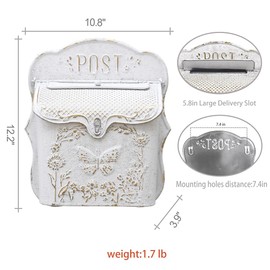 Z² BellaDecor Mailbox Wall Mount Mailboxes for Outside Vintage Mail Boxes for House Outside Metal Drop Box Antique Style Nostalgic Charm Home Decorative, Butterfly Pattern, White