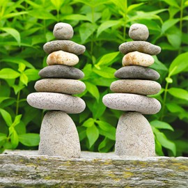 Ancient Graffiti Seven Stone Cairn, 10" H, Pack of 2 – Handcrafted River Rock Stacked Stone Sculptures, Natural Garden Statues & Outdoor Decorative Yard Art