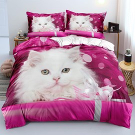 Yzehomijia Cat Bed Linen Set 140 x 200 cm, 3D Cat Pattern Duvet Cover, Children's Duvet Cover, 1 Piece Pink Microfibre Duvet Cover + 1 Pillowcase 65 x 65 cm (Cat2, 140 x 200)