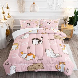XYNHML Kids Cute Cat Comforter Set Queen Size 3Pcs Cartoon Pet Cat Paw Bedding Set Lovely Animal White Cloudy Quilt Bed Set for Children Girls Boys Room Decor