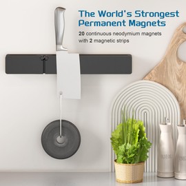 Double Capacity Magnetic Knife Holder for Wall, 16" Acacia Wood Magnet Strip with 2x Storage & Sharpening Stone Magnetic Knife Rack Kitchen Organizer, Tool Storage Black