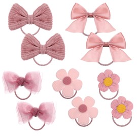 10Pcs Bow Hair Ties, Pink Cute Bowknot Ribbon Scrunchies Elastic Flower Hair Ties No Damage Rubber Ponytail Holders for Toddlers Baby Girls