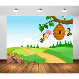 Loccor 5x4ft Fabric Cartoon Bee Theme Backdrop Honey Bee and Beehive Cartoon Fairy Tale Forest Background Kids Birthday Party Decorations Baby Shower Photo Booth Props