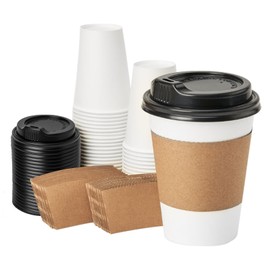 RACETOP 12 oz 50 pack Disposable Paper Coffee Cups with Lids and Sleeves