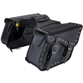 Dream Apparel Naked Cowhide Leather Motorcycle Saddle Bags Studded Throw Over Saddlebags, Motorcycle Side Bags for Honda Shadow Sportster Softail Dyna V-star (Black, With Studs)